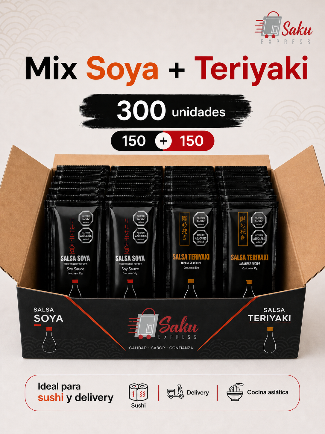Caja de Sachets Genéricos Combinada Soya y Teriyaki - (150 Soya y 150 Teriyaki/Caja)