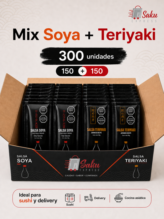 Caja de Sachets Genéricos Combinada Soya y Teriyaki - (150 Soya y 150 Teriyaki/Caja)